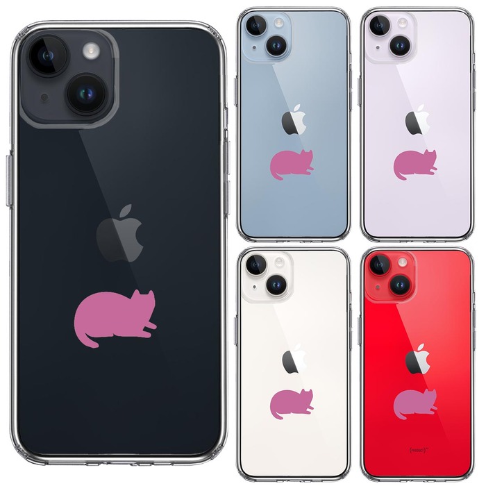 iPhone14 ケース クリア にゃんこ 伏せ ピンク スマホケース 側面ソフト 背面ハード ハイブリッド -1