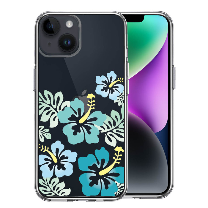 iPhone14 ケース クリア ハイビスカス ブルー スマホケース 側面ソフト 背面ハード ハイブリッド -0