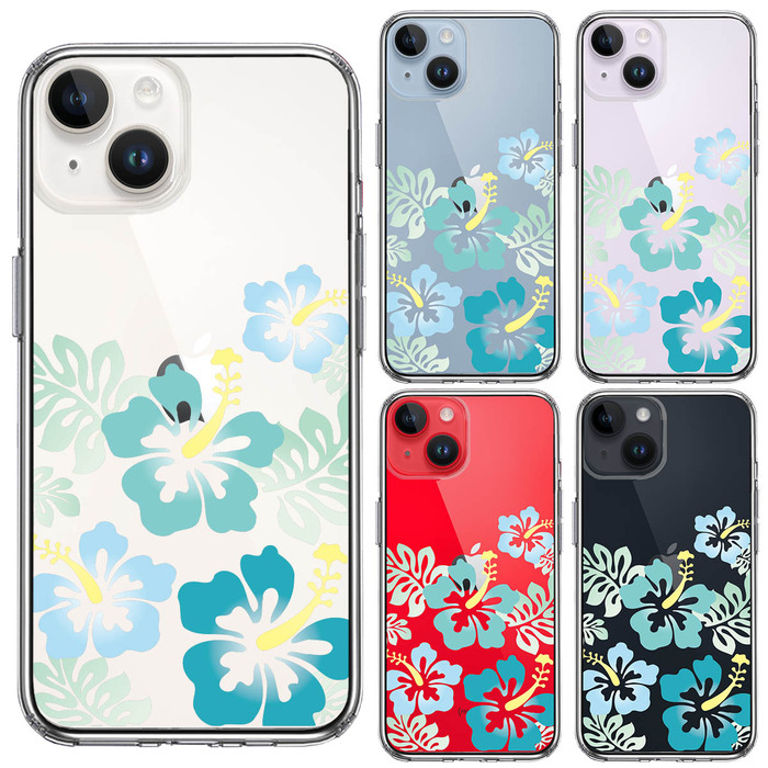 iPhone14 ケース クリア ハイビスカス ブルー スマホケース 側面ソフト 背面ハード ハイブリッド -1