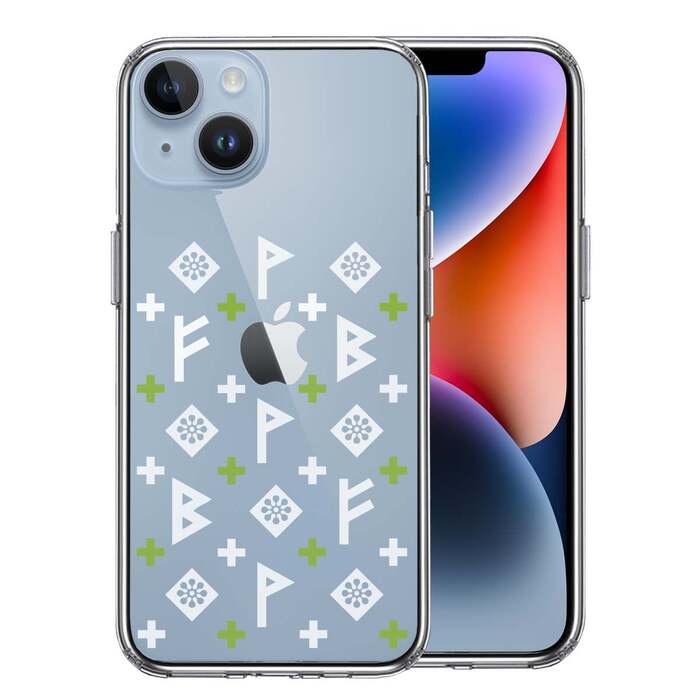 iPhone14 ケース クリア ルーン 文字 緑 スマホケース 側面ソフト 背面ハード ハイブリッド -0
