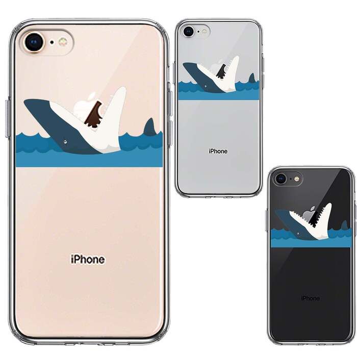 iPhone8 ケース クリア 鮫 サメ りんご パックン スマホケース 側面ソフト 背面ハード ハイブリッド -1