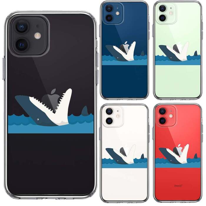 iPhone12 ケース クリア 鮫 サメ りんご パックン スマホケース 側面ソフト 背面ハード ハイブリッド -1