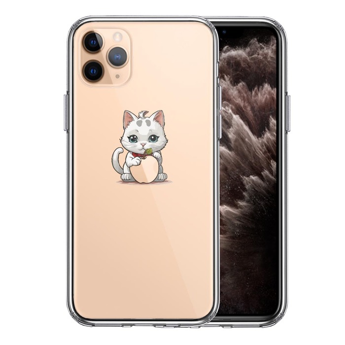 iPhone11pro  ケース クリア にゃんこ りんご なでなで スマホケース 側面ソフト 背面ハード ハイブリッド -0