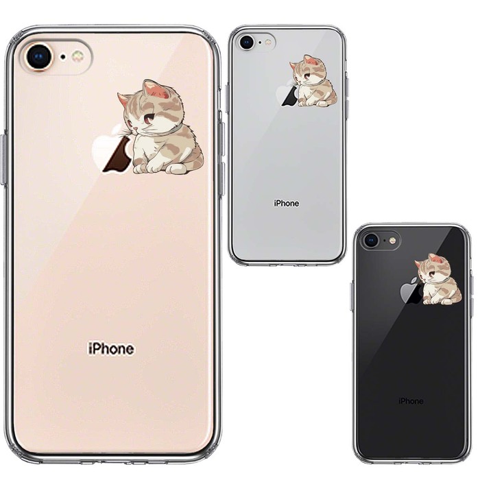 iPhone8 ケース クリア にゃんこ りんご にらめっこ スマホケース 側面ソフト 背面ハード ハイブリッド -1