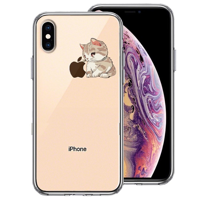 iPhoneX ケース　ｉPhoneXS ケース クリア にゃんこ りんご にらめっこ スマホケース 側面ソフト 背面ハード ハイブリッド -0