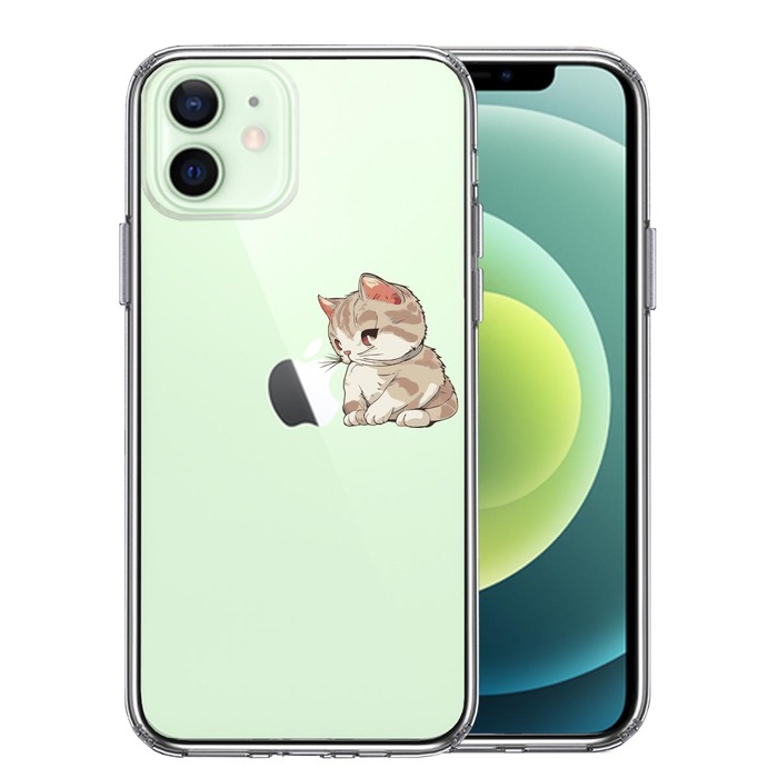 iPhone12mini ケース クリア にゃんこ りんご にらめっこ スマホケース 側面ソフト 背面ハード ハイブリッド -0