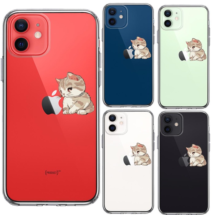 iPhone12mini ケース クリア にゃんこ りんご にらめっこ スマホケース 側面ソフト 背面ハード ハイブリッド -1