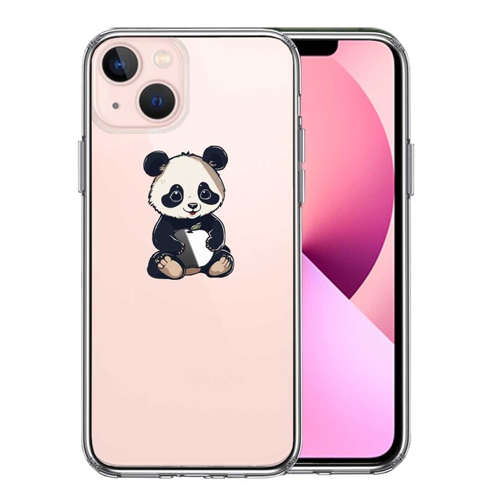 iPhone13mini ケース クリア パンダ りんご なでなで スマホケース 側面ソフト 背面ハード ハイブリッド -0