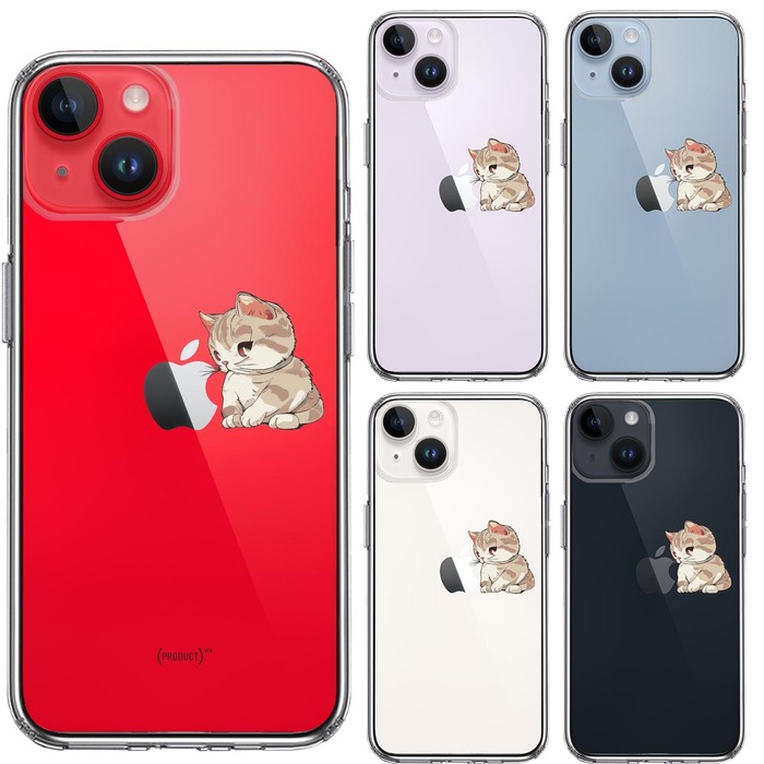 iPhone14 ケース クリア にゃんこ りんご にらめっこ スマホケース 側面ソフト 背面ハード ハイブリッド -1