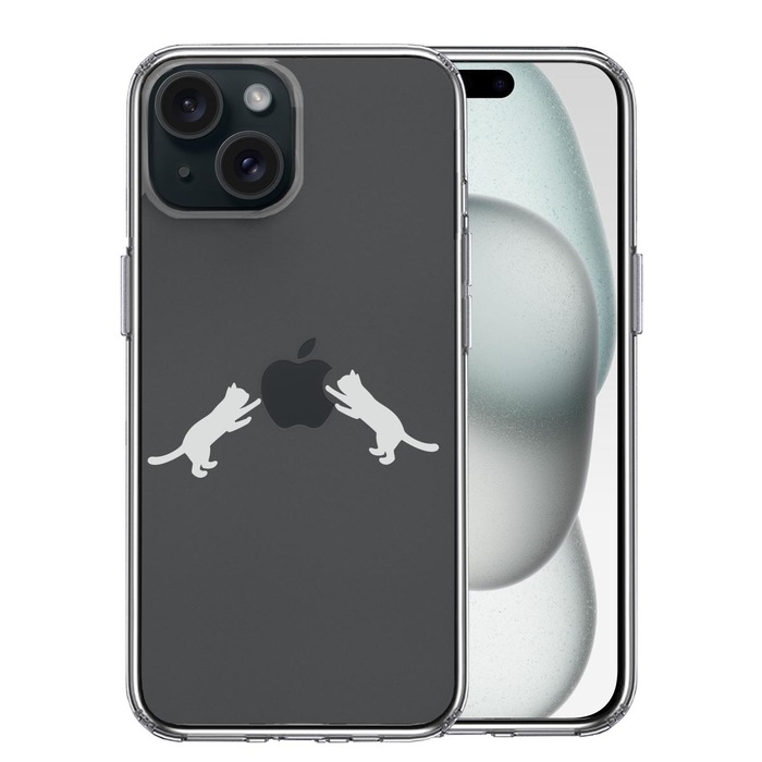 iPhone15Plus ケース クリア にゃんこ りんご 取り合い 薄いグレー スマホケース 側面ソフト 背面ハード ハイブリッド -0