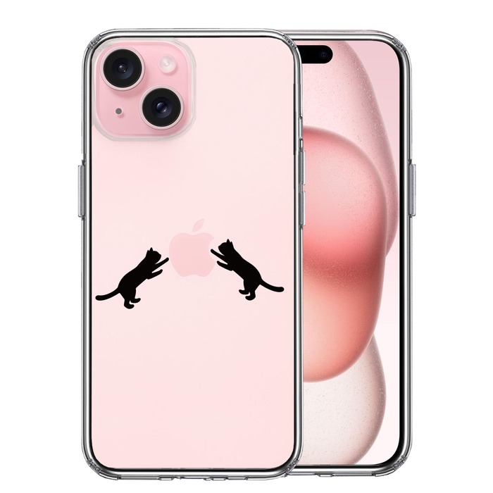 iPhone15Plus ケース クリア にゃんこ ねこ りんご 取り合い 黒 スマホケース 側面ソフト 背面ハード ハイブリッド -0