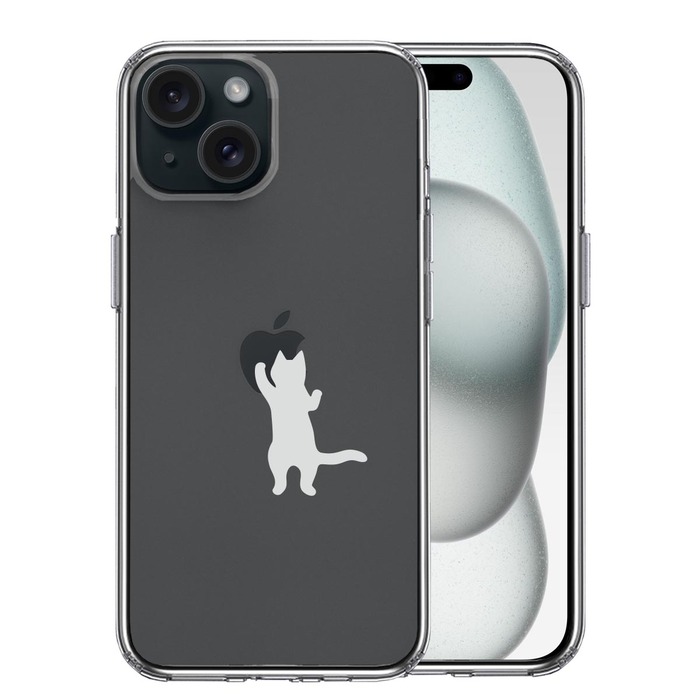 iPhone15Plus ケース クリア にゃんこ りんご さわさわ 薄いグレー スマホケース 側面ソフト 背面ハード ハイブリッド -0
