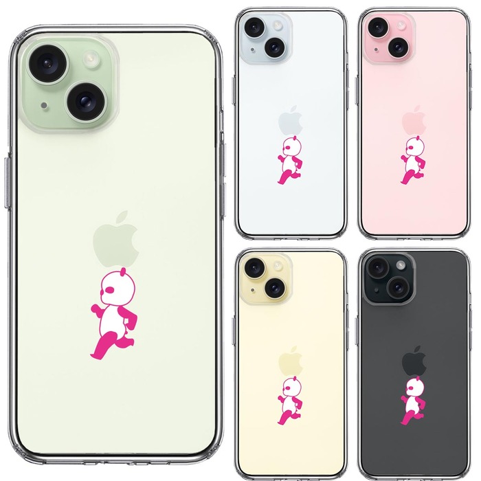 iPhone15Plus ケース クリア ピンク Panda パンダ 小走り スマホケース 側面ソフト 背面ハード ハイブリッド -1