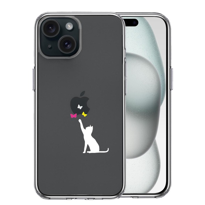 iPhone15Plus ケース クリア 猫 CAT ねこ 蝶々 ホワイト スマホケース 側面ソフト 背面ハード ハイブリッド -0