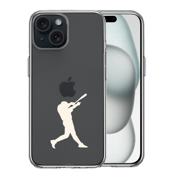 iPhone15Plus ケース クリア 野球 バッター ホワイト スマホケース 側面ソフト 背面ハード ハイブリッド -0
