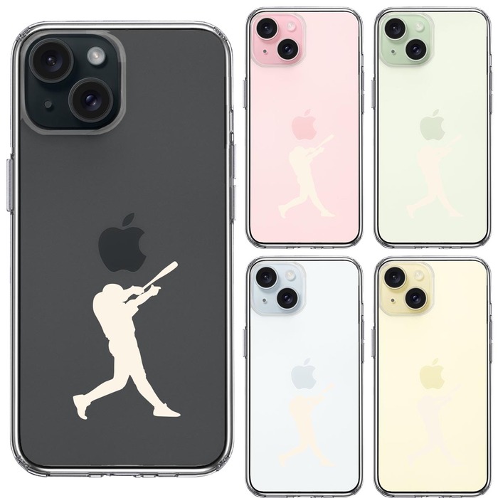 iPhone15Plus ケース クリア 野球 バッター ホワイト スマホケース 側面ソフト 背面ハード ハイブリッド -1