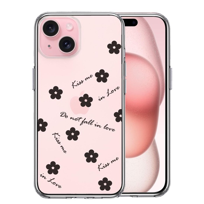 iPhone15 ケース クリア フラワー ブラック スマホケース 側面ソフト 背面ハード ハイブリッド -0