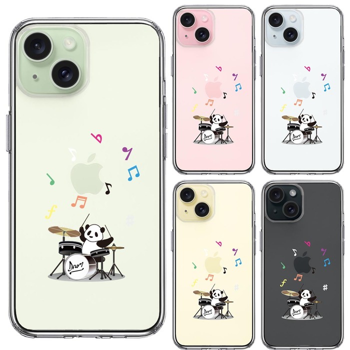 iPhone15 ケース クリア ドラム パンダ 音符 スマホケース 側面ソフト 背面ハード ハイブリッド -1