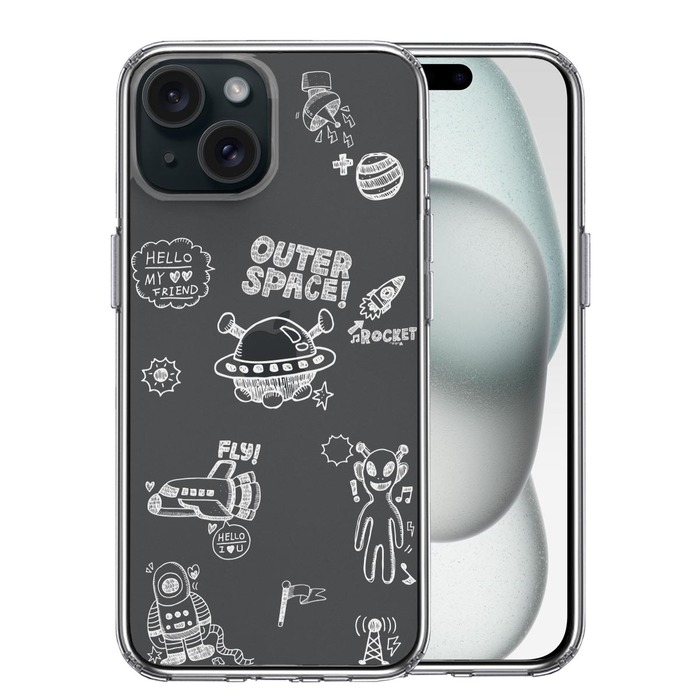 iPhone15 ケース クリア UFO 宇宙人 ホワイト スマホケース 側面ソフト 背面ハード ハイブリッド -0
