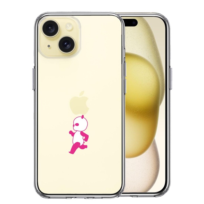 iPhone15 ケース クリア ピンク Panda パンダ 小走り スマホケース 側面ソフト 背面ハード ハイブリッド -0