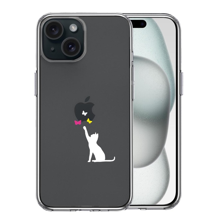 iPhone15 ケース クリア 猫 CAT ねこ 蝶々 ホワイト スマホケース 側面ソフト 背面ハード ハイブリッド -0