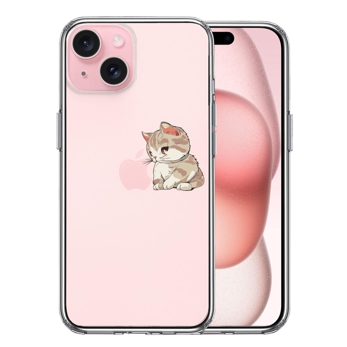 iPhone15Plus ケース クリア にゃんこ りんご にらめっこ スマホケース 側面ソフト 背面ハード ハイブリッド -0