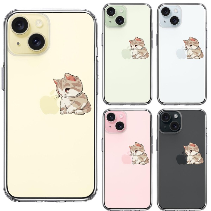 iPhone15 ケース クリア にゃんこ りんご にらめっこ スマホケース 側面ソフト 背面ハード ハイブリッド -1