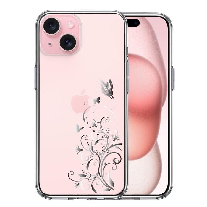 iPhone15 ケース クリア フローラル ＆ バタフライ (グレー) スマホケース 側面ソフト 背面ハード ハイブリッド -0