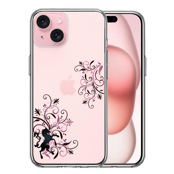iPhone15 ケース クリア フローラル ユニコーン ピンク スマホケース 側面ソフト 背面ハード ハイブリッド -0