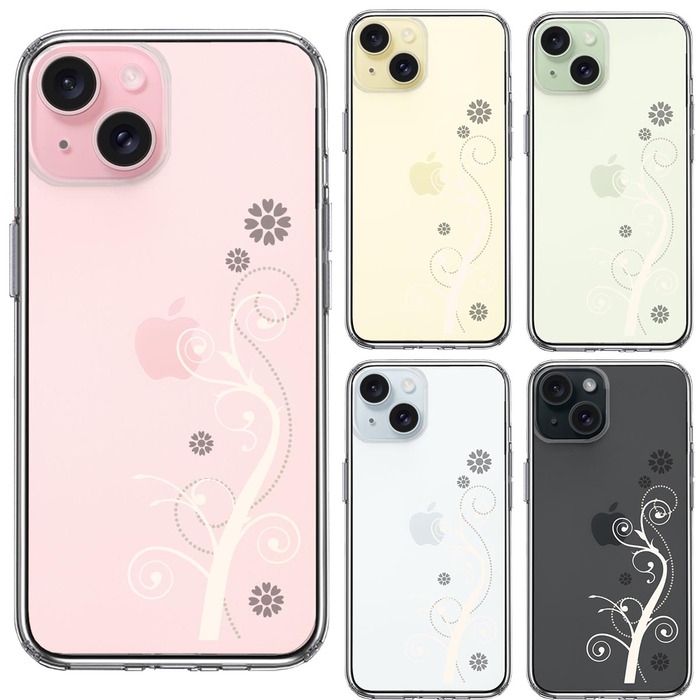 iPhone15 ケース クリア フローラル つる模様 ホワイト スマホケース 側面ソフト 背面ハード ハイブリッド -1
