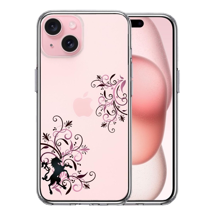 iPhone15Plus ケース クリア フローラル ユニコーン ピンク スマホケース 側面ソフト 背面ハード ハイブリッド -0