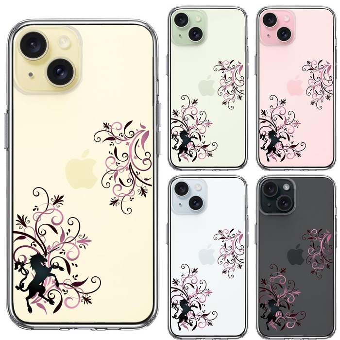 iPhone15Plus ケース クリア フローラル ユニコーン ピンク スマホケース 側面ソフト 背面ハード ハイブリッド -1