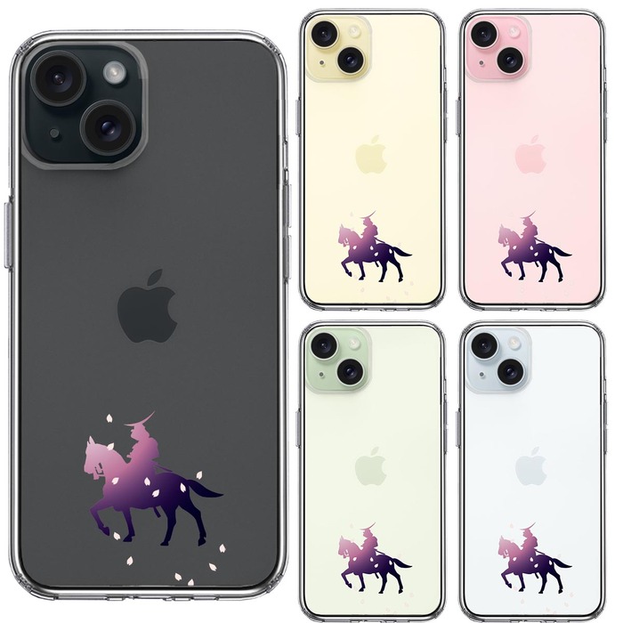 iPhone15Plus ケース クリア騎乗侍と桜 スマホケース 側面ソフト 背面ハード ハイブリッド -1