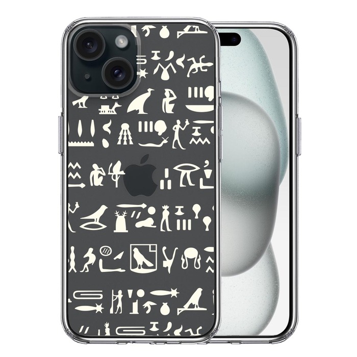 iPhone15Plus ケース クリア ヒエログリフ 象形文字 淡黄 スマホケース 側面ソフト 背面ハード ハイブリッド -0