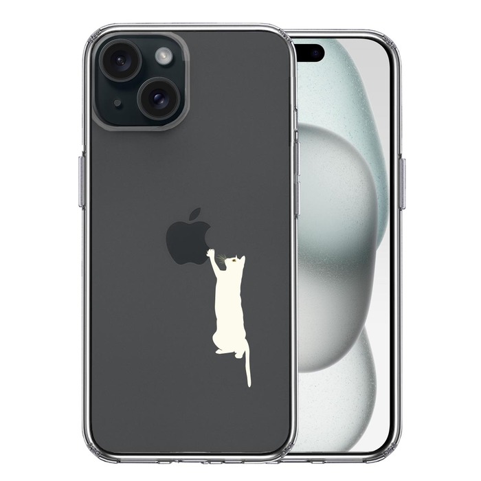 iPhone15 ケース クリア にゃんこ リンゴ つんつん ホワイト スマホケース 側面ソフト 背面ハード ハイブリッド -0