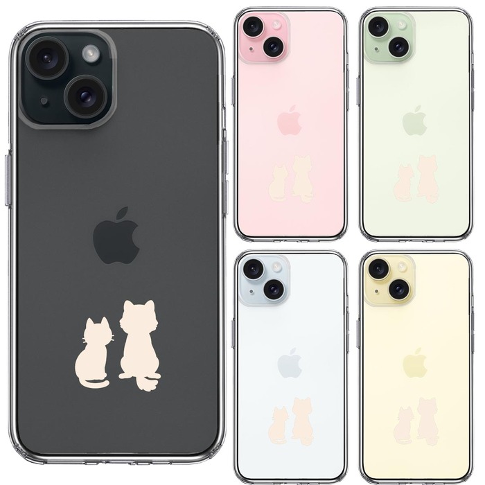 iPhone15Plus ケース クリア わんこ にゃんこ お月見 ホワイト スマホケース 側面ソフト 背面ハード ハイブリッド -1