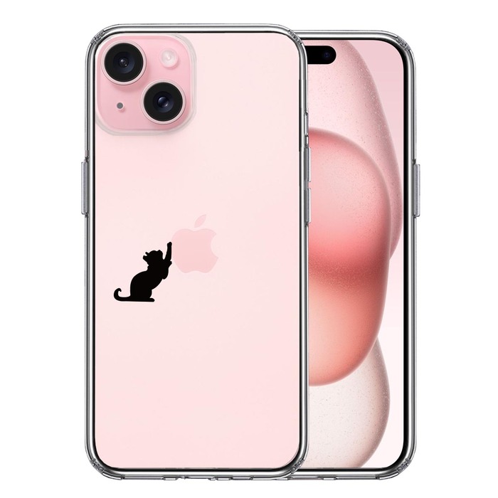 iPhone15Plus ケース クリア 猫 リンゴ キャッチ スマホケース 側面ソフト 背面ハード ハイブリッド -0
