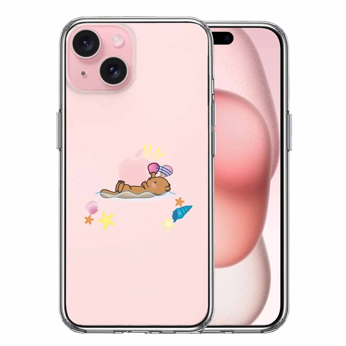 iPhone15Plus ケース クリア ラッコ アップル食事 スマホケース 側面ソフト 背面ハード ハイブリッド -0