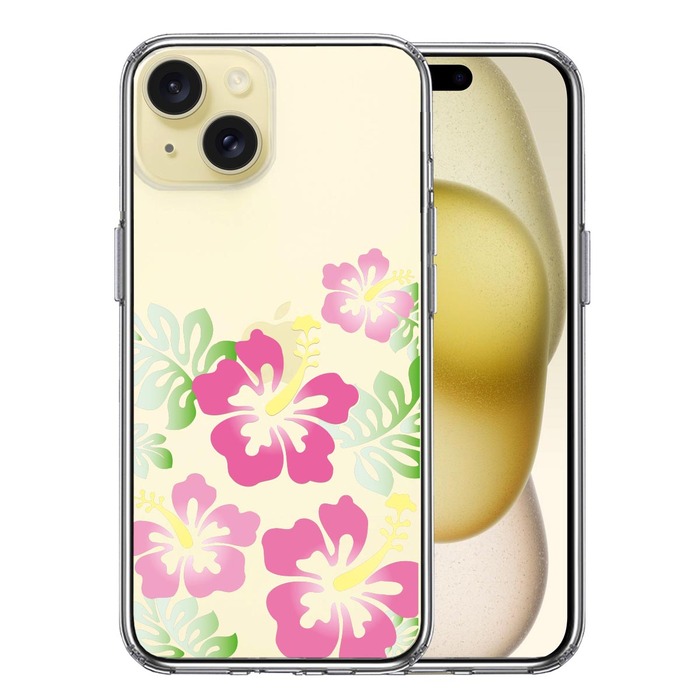 iPhone15Plus ケース クリア ハイビスカス ピンク スマホケース 側面ソフト 背面ハード ハイブリッド -0