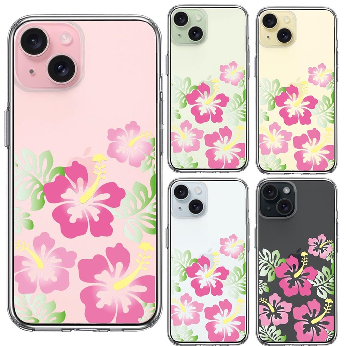 iPhone15Plus ケース クリア ハイビスカス ピンク スマホケース 側面ソフト 背面ハード ハイブリッド -1