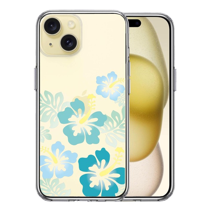 iPhone15Plus ケース クリア ハイビスカス ブルー スマホケース 側面ソフト 背面ハード ハイブリッド -0