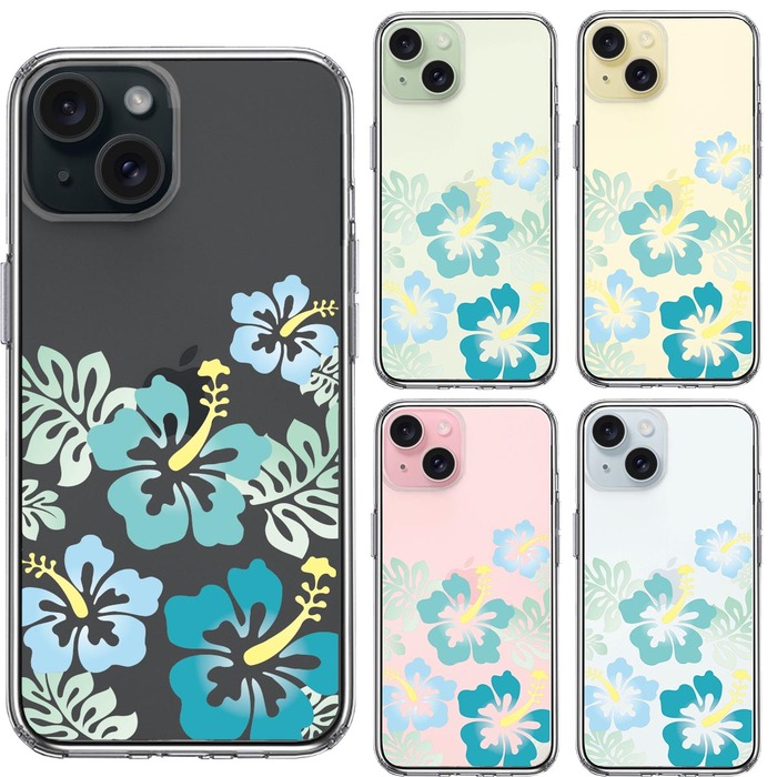 iPhone15Plus ケース クリア ハイビスカス ブルー スマホケース 側面ソフト 背面ハード ハイブリッド -1