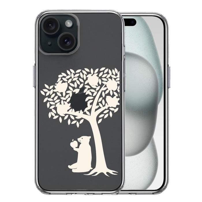 iPhone15Plus ケース クリア リンゴ食べるクマ ホワイト スマホケース 側面ソフト 背面ハード ハイブリッド -0
