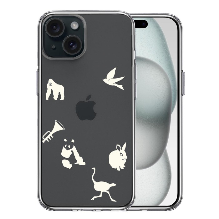 iPhone15 ケース クリア 動物 しりとり ホワイト スマホケース 側面ソフト 背面ハード ハイブリッド -0