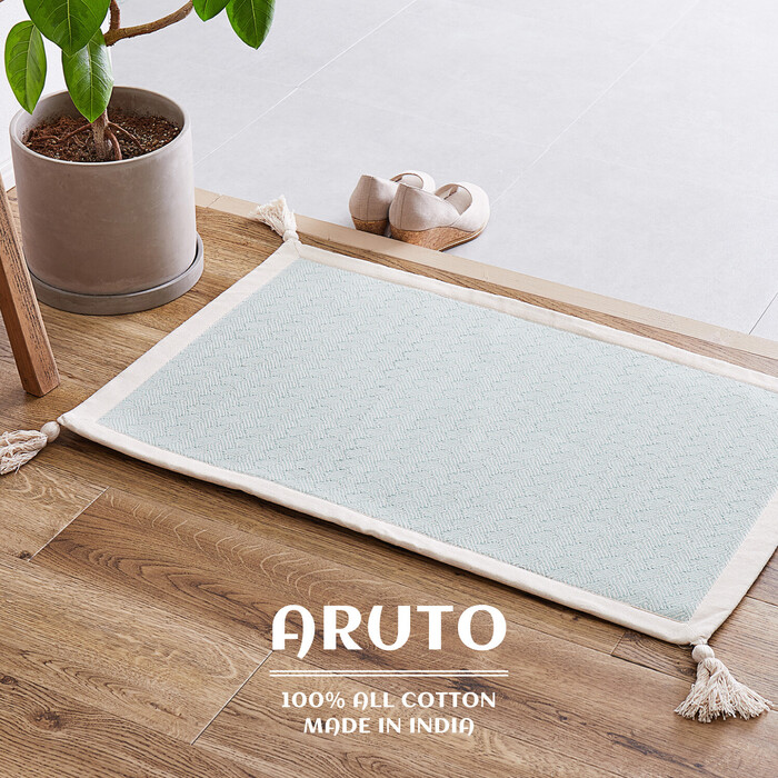 洗濯機で洗える 玄関マット ブルー 約50×80cm 屋内 インド綿100% 滑り止め付き アルト-0