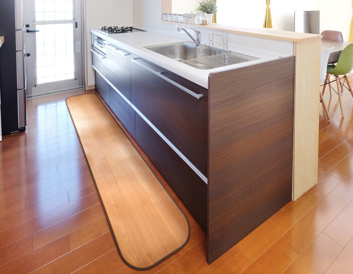 キッチンマット 約60×240cm ライトベージュ　木目調 撥水 消臭 抗菌 滑り止めシート付き ニオクリン-0