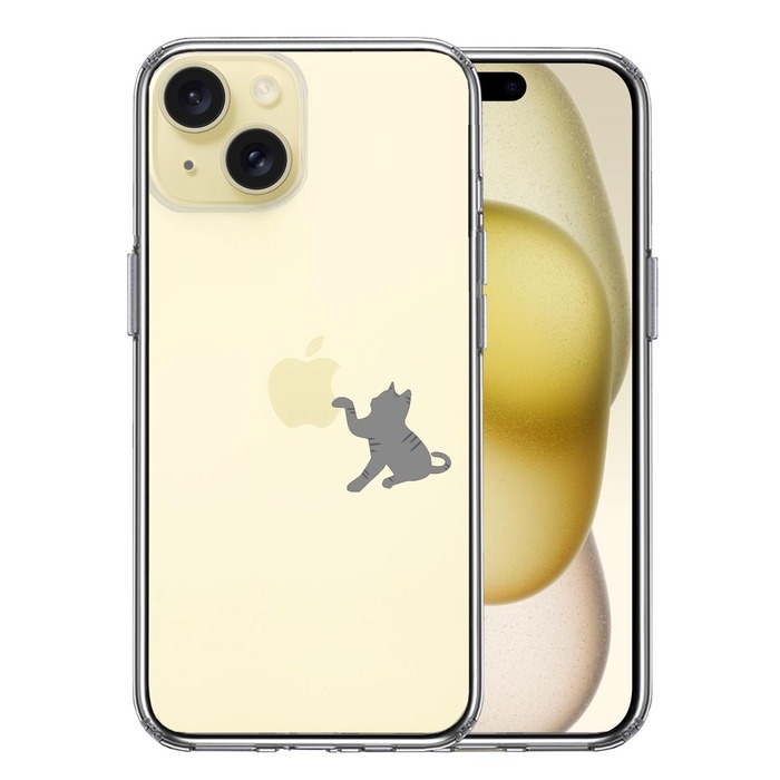 iPhone15Plus ケース クリア にゃんこ ねこ どら猫 リンゴきになる スマホケース 側面ソフト 背面ハード ハイブリッド -0