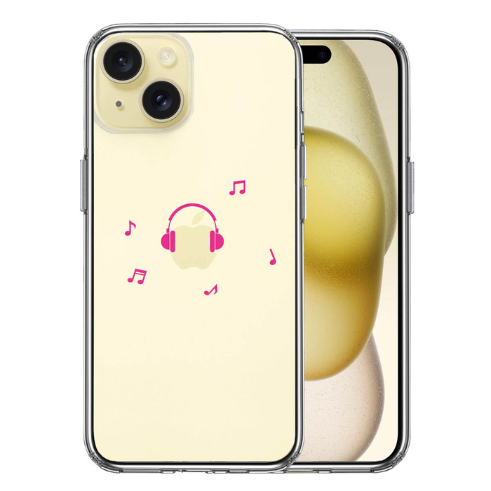 iPhone15 ケース クリア ヘッドフォン ヘッドホン ピンク スマホケース 側面ソフト 背面ハード ハイブリッド -0
