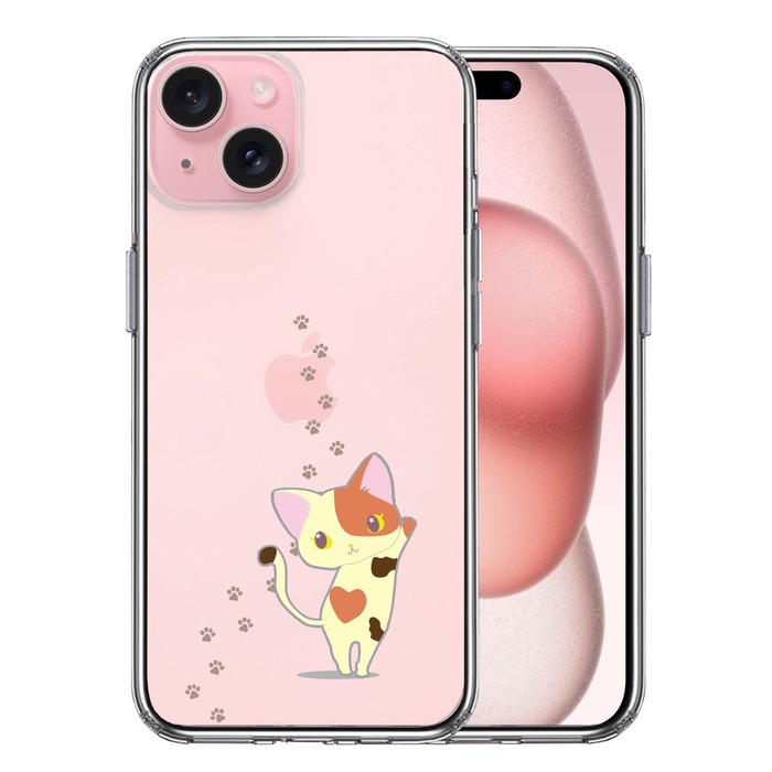 iPhone15Plus ケース クリア ジャケット 三毛猫 フットプリント スマホケース 側面ソフト 背面ハード ハイブリッド -0