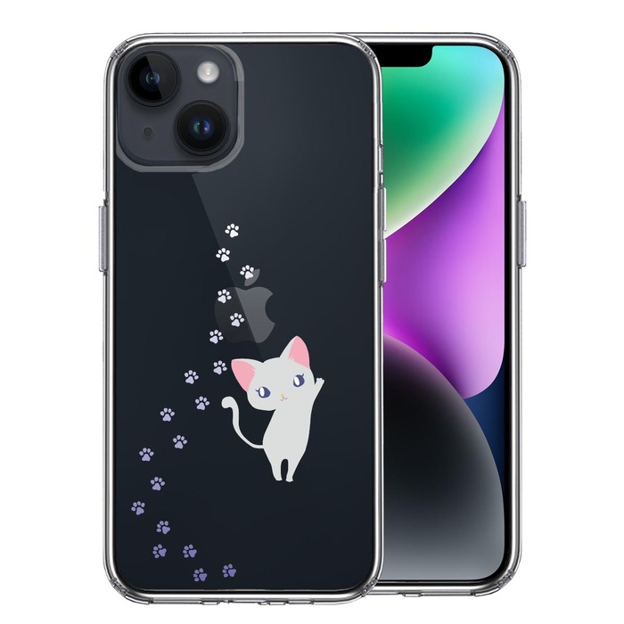 iPhone14Plus ケース クリア ジャケット ねこ フットプリント スマホケース 側面ソフト 背面ハード ハイブリッド -0